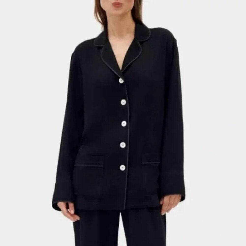 Sleeper Pajama Top Women's XS Black Piping Button Front‎ Relaxed Lounge